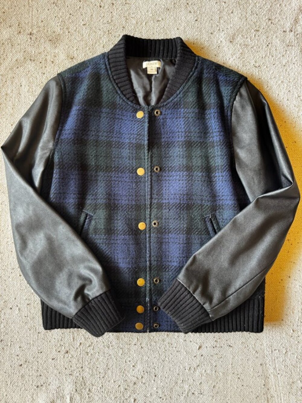 J.Crew Wool Plaid Varsity Jacket M Black Watch Faux Leather Sleeve Bomber